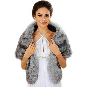 Women's Grey Wedding Fur Wraps and Shawls Fur Bridal Stoles Bridesmaids Scarf